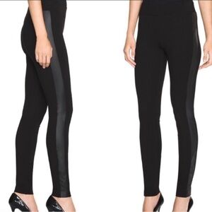 White House Black Market Black Ponte Leggings with Faux Leather Stripe
